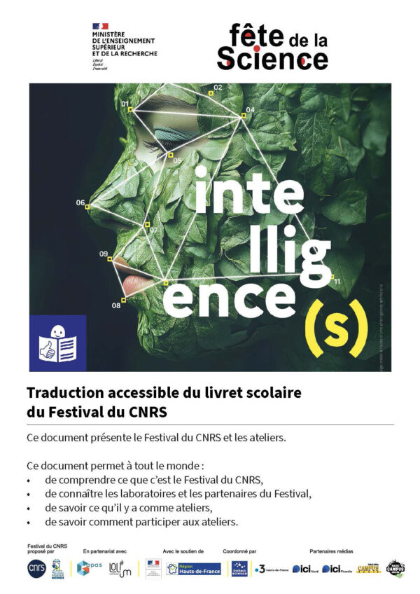Couverture du Livret pédagogique 2025 du Festival du CNRS en FALC, sur le thème "Intelligence(s)". Le visuel représente un visage recouvert de feuilles vertes et de points numérotés reliés entre eux.