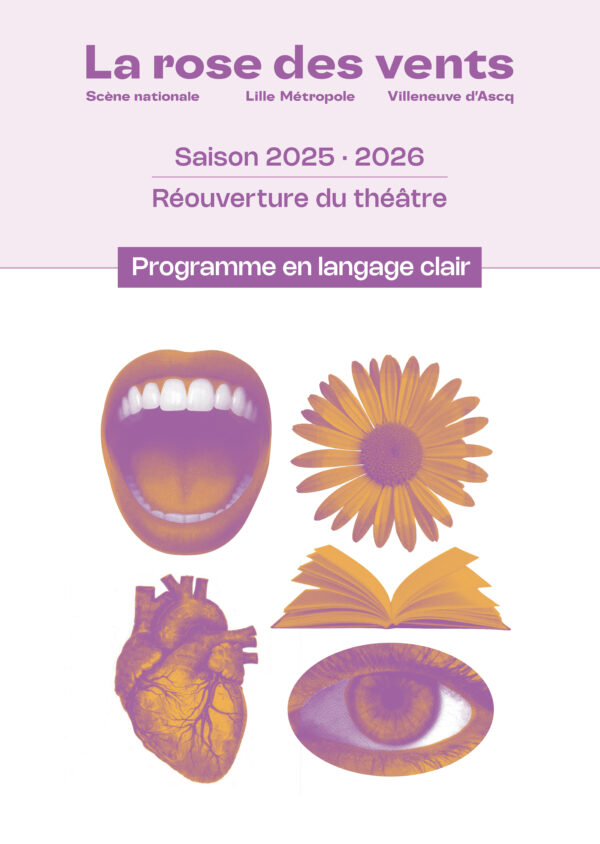 Couverture de la brochure 2025-2026 de La rose des vents en langage clair, dans les tons de orange et de violet.