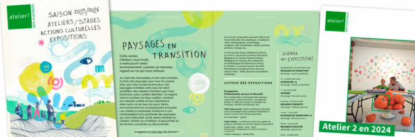 Vue de la couverture de la brochure de saison 2025-2026 d'Atelier 2, d'une double-page intérieure et de la couverture du bilan d'activités 2024.