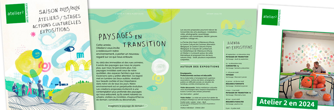 Vue de la couverture de la brochure de saison 2025-2026 d'Atelier 2, d'une double-page intérieure et de la couverture du bilan d'activités 2024.