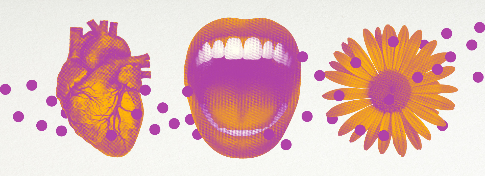 Visuel de saison 2025-2026 de La rose des vents. 3 dessins côte à côte d'un organe coeur, d'une bouche grande ouverte et d'une fleur, dans les tons orange et violet, avec des points violets parsemant l'ensemble du visuel.